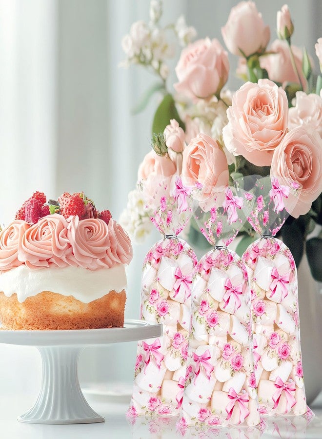 Whaline 100Pcs Wedding Floral Bow Cellophane Treat Bag Pink Coquette Flower Bowknot Plastic Candy Cookie Bags Cello Tea Party Favor Bags with Twist Ties for Summer Baby Bridal Shower Birthday - Image 4